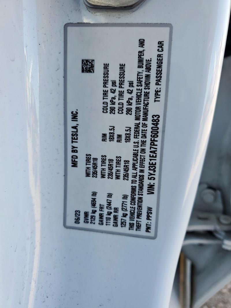 2023 TESLA MODEL 3 5YJ3E1EA7PF600483
