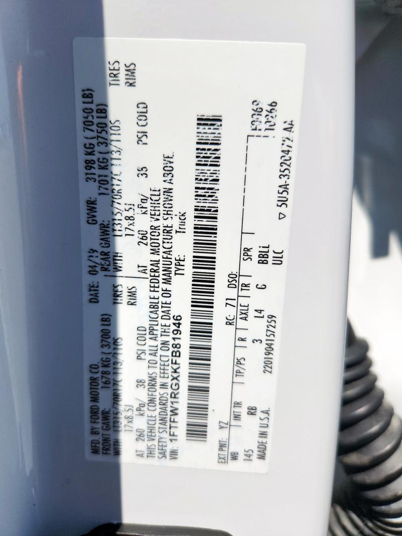 2019 FORD F150 RAPTO - 1FTFW1RGXKFB81946