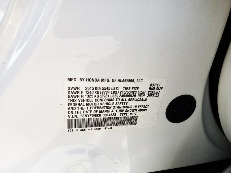 2017 HONDA PILOT TOUR 5FNYF5H93HB014523