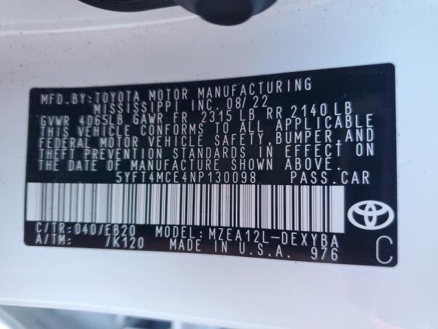 2022 TOYOTA COROLLA XSE 5YFT4MCE4NP130098