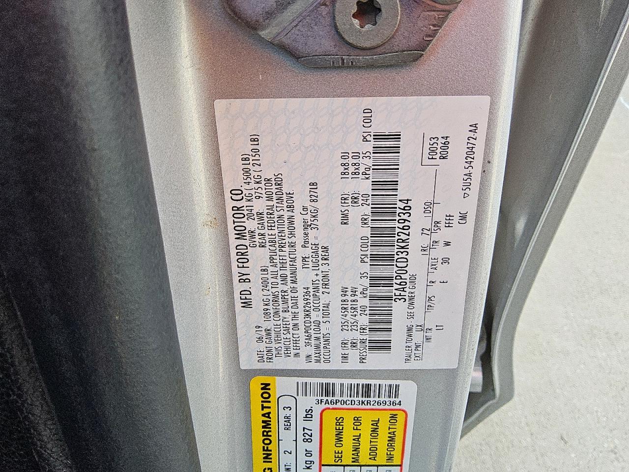 Lot #3316815425 2019 FORD FUSION SEL