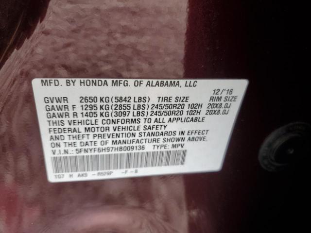 2017 HONDA PILOT TOUR 5FNYF6H97HB009136