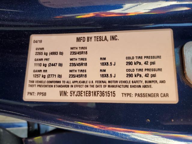 2019 TESLA MODEL 3 5YJ3E1EB1KF361515