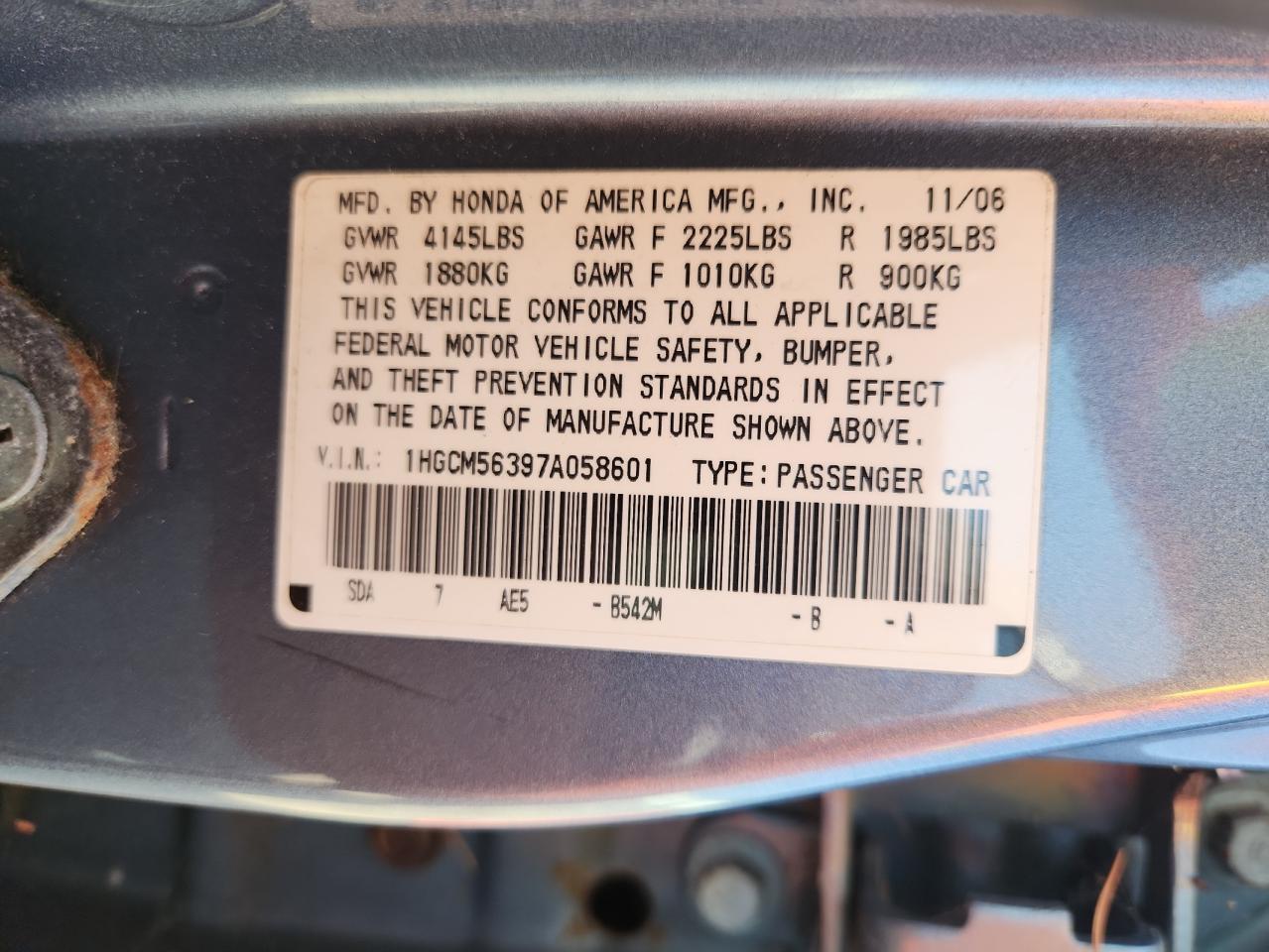 Lot #3305415305 2007 HONDA ACCORD SE