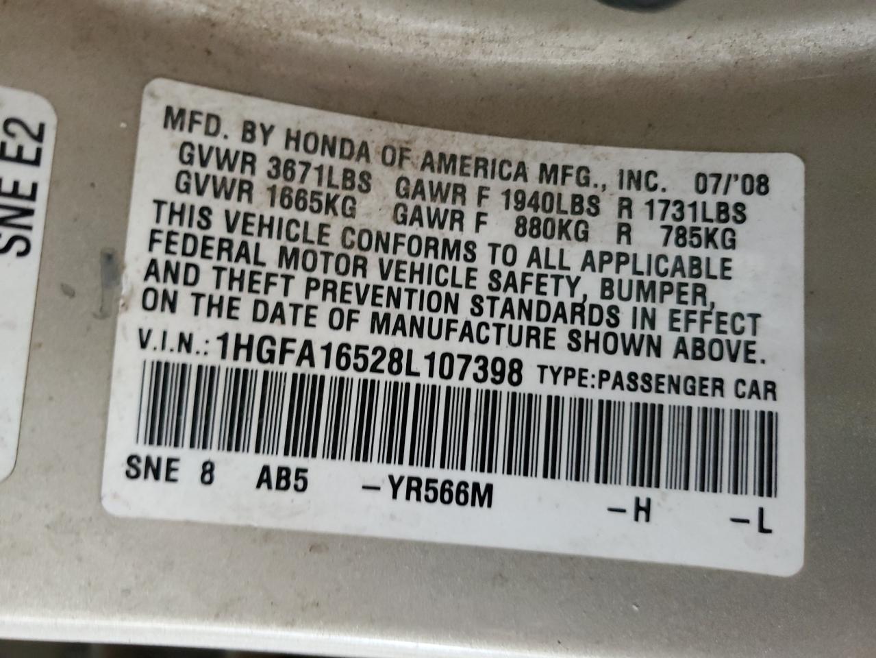 Lot #3305639718 2008 HONDA CIVIC LX