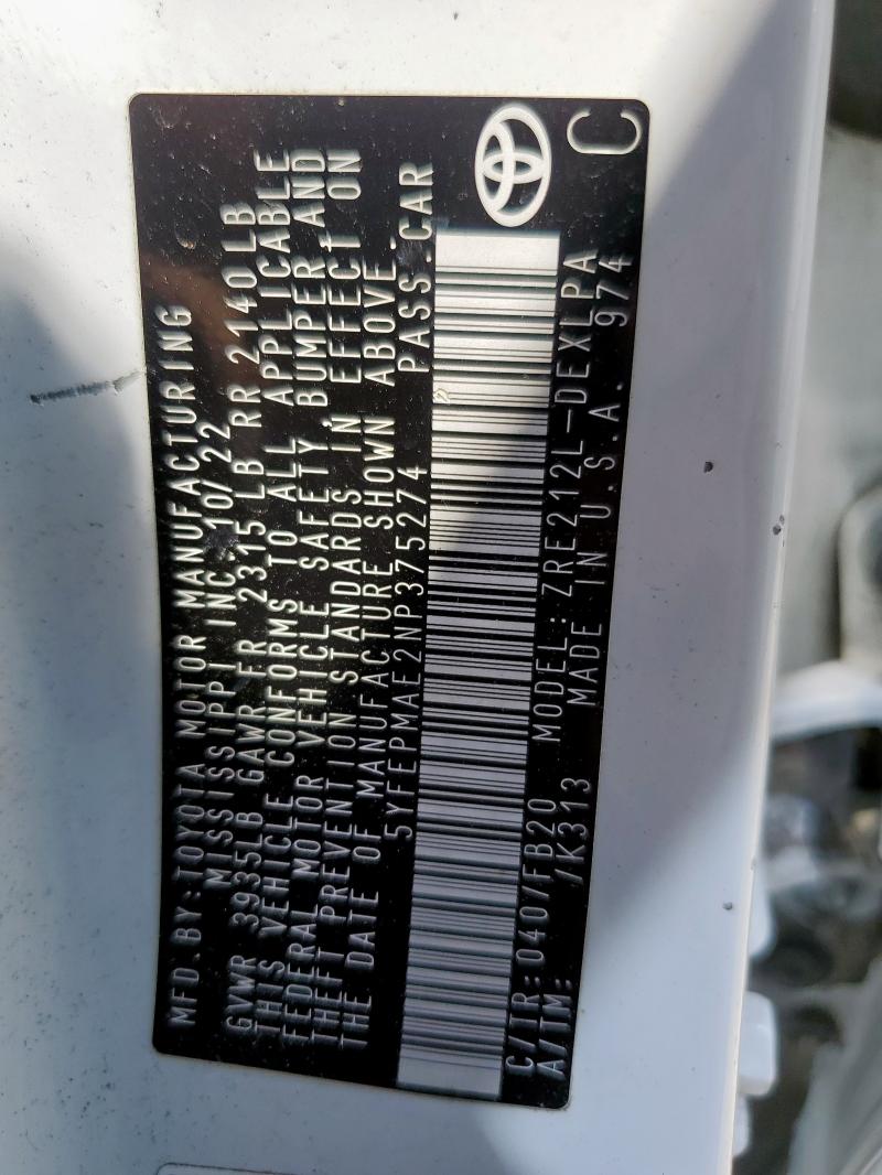 2022 TOYOTA COROLLA LE 5YFEPMAE2NP375274