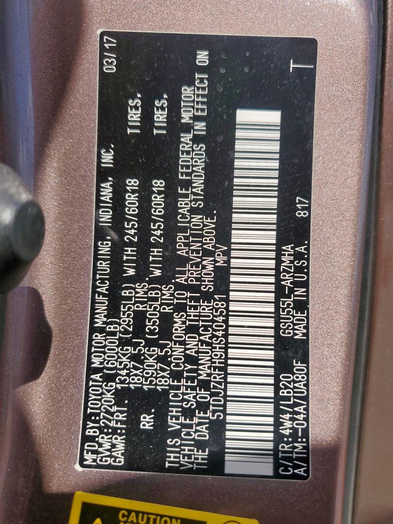 2017 TOYOTA HIGHLANDER 5TDJZRFH9HS404581