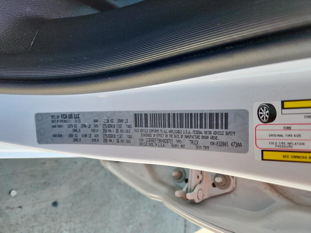 2019 RAM 1500 BIG H 1C6RREFT9KN828721