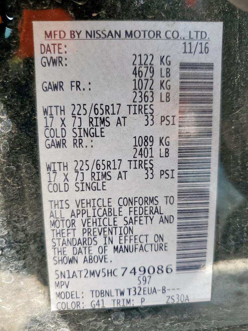 2017 NISSAN ROGUE SV 5N1AT2MV5HC749086