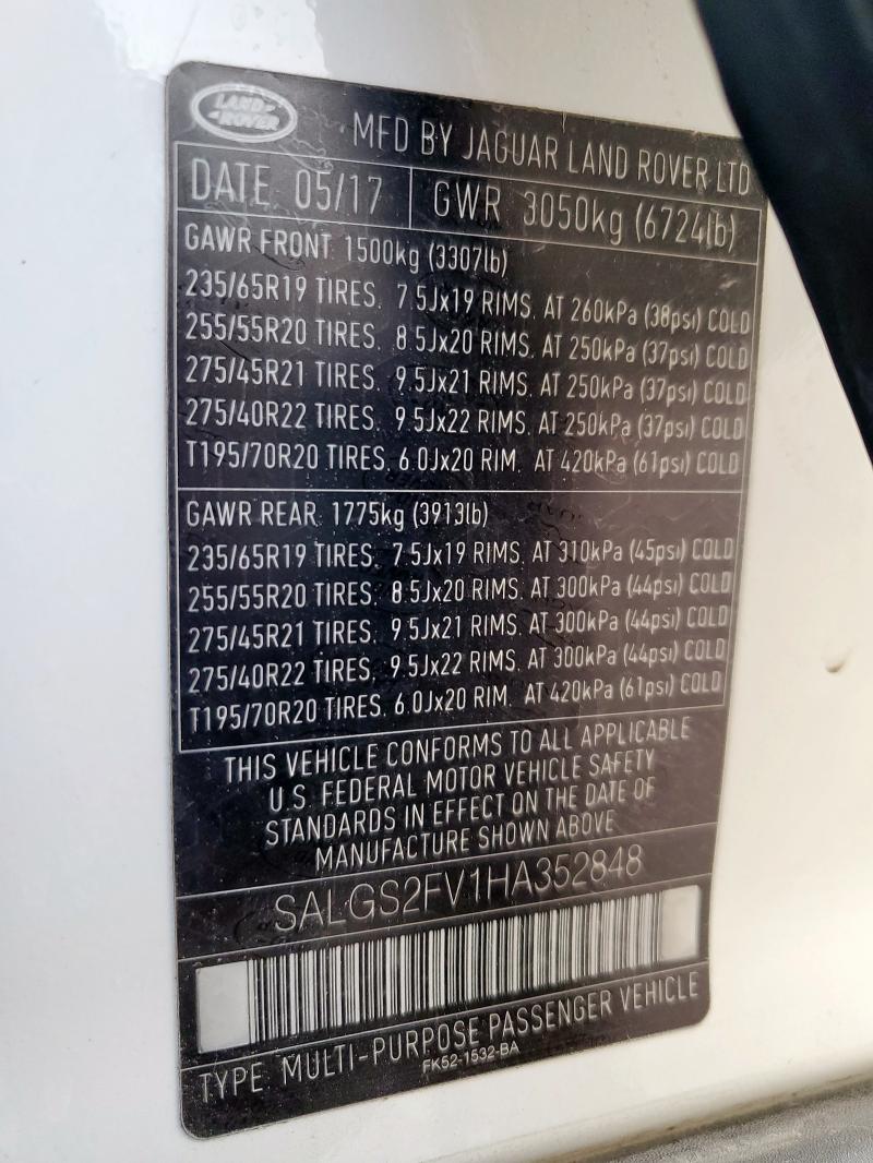 2017 LAND ROVER RANGE ROVE SALGS2FV1HA352848