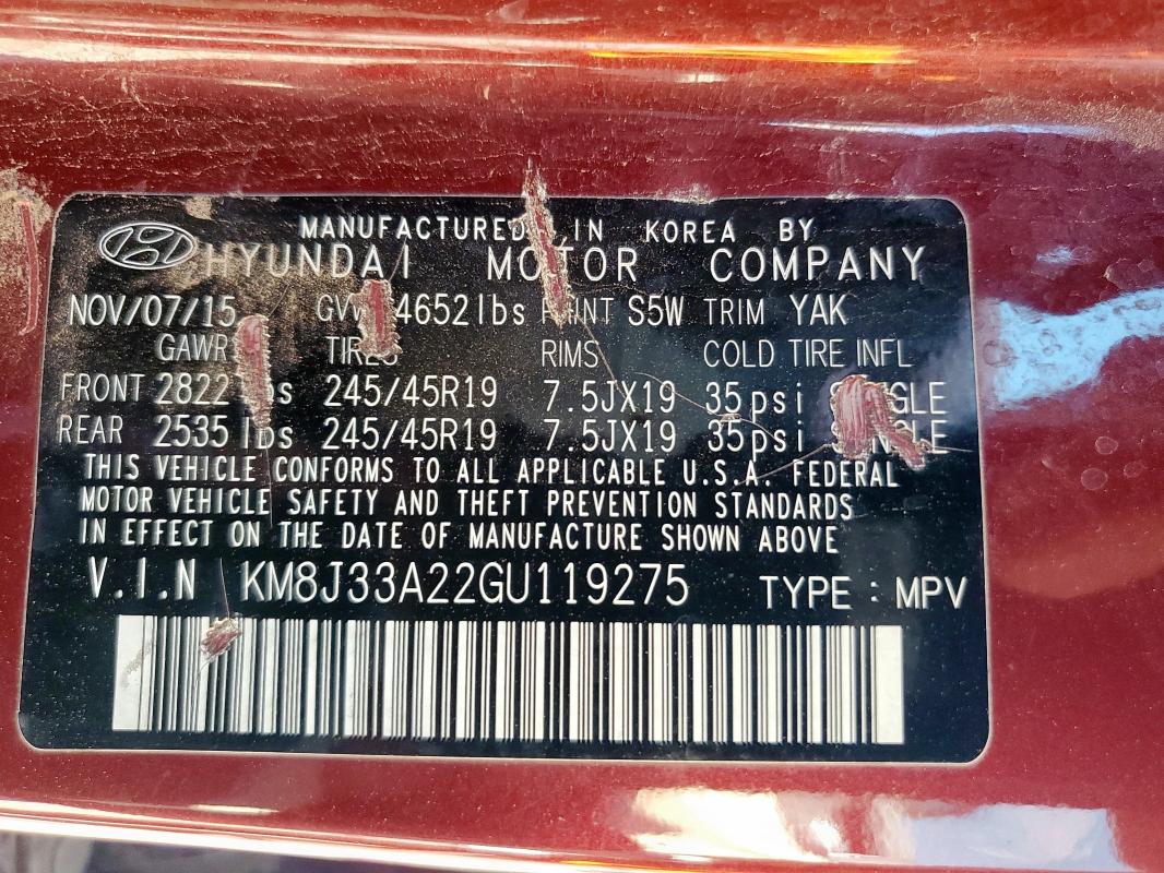 2016 HYUNDAI TUCSON LIMITED KM8J33A22GU119275