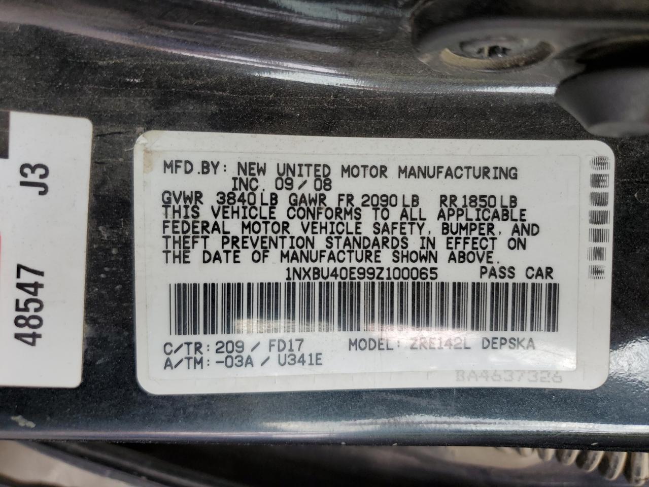 Lot #3255608032 2009 TOYOTA COROLLA BA