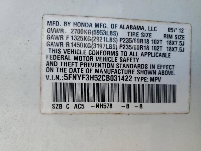 2012 HONDA PILOT EXL #3279267380