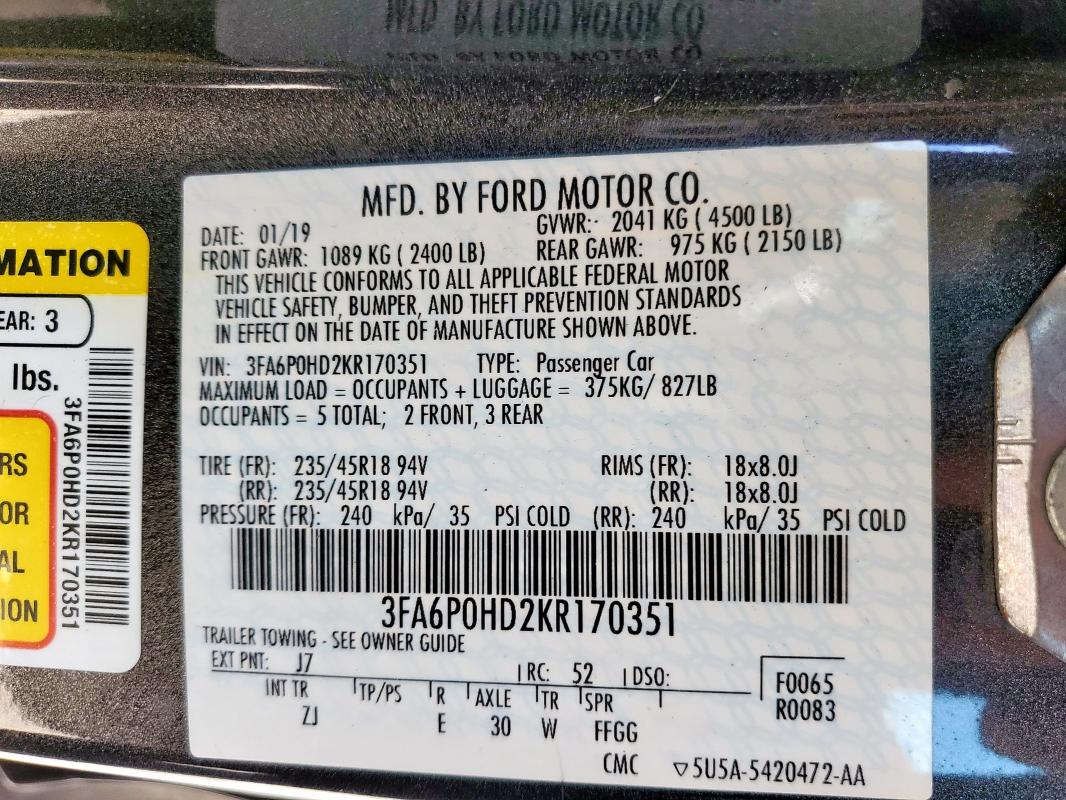 2019 FORD FUSION SE 3FA6P0HD2KR170351