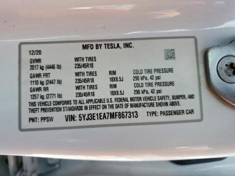 2021 TESLA MODEL 3 - 5YJ3E1EA7MF867313