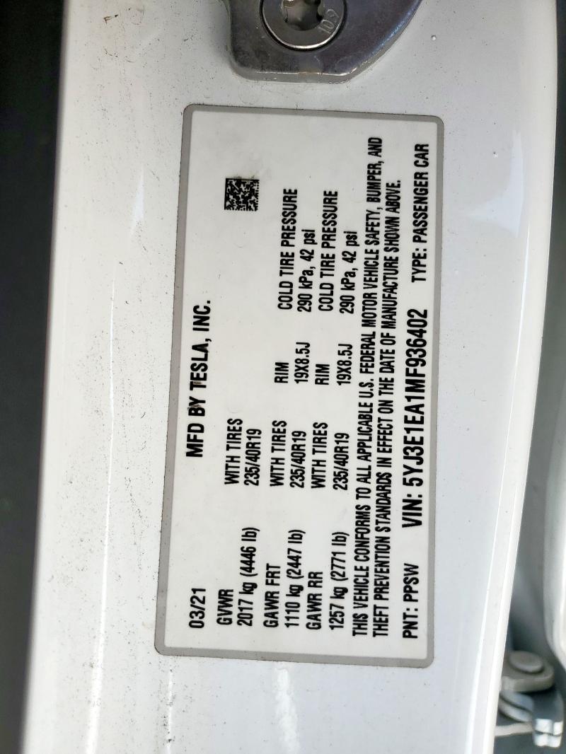 2021 TESLA MODEL 3 5YJ3E1EA1MF936402