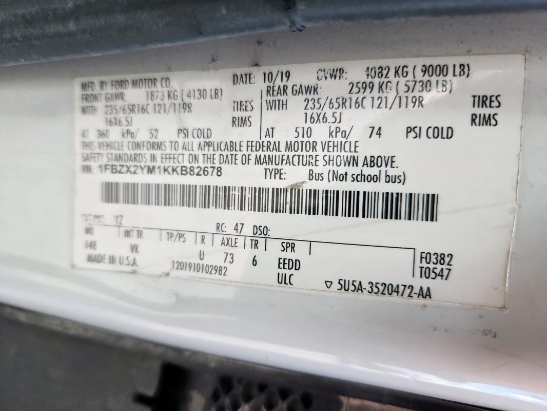 2019 FORD TRANSIT T-350 - 1FBZX2YM1KKB82678