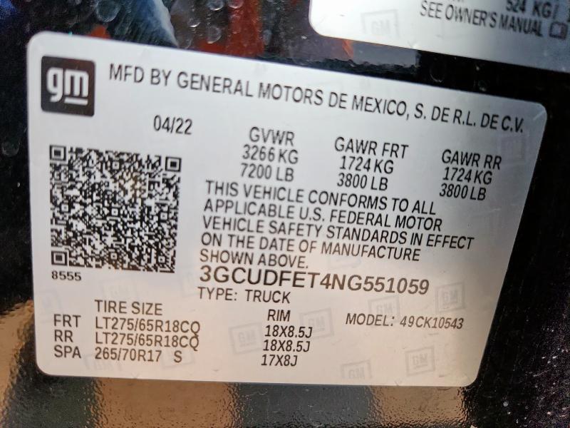 2022 CHEVROLET SILVERADO 3GCUDFET4NG551059