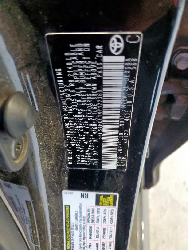 2022 TOYOTA COROLLA SE 5YFS4MCE1NP122360