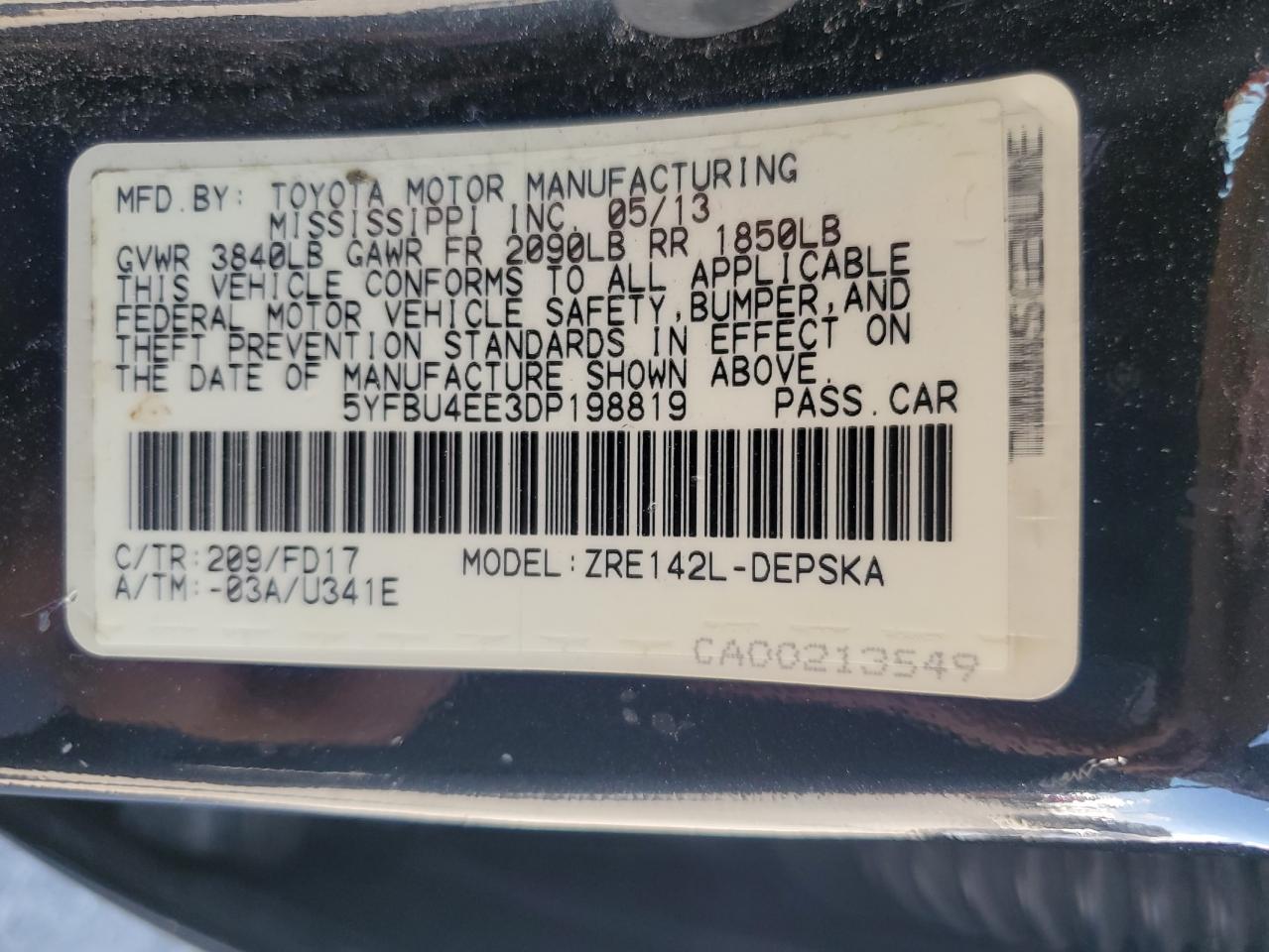 Lot #3315546884 2013 TOYOTA COROLLA BA