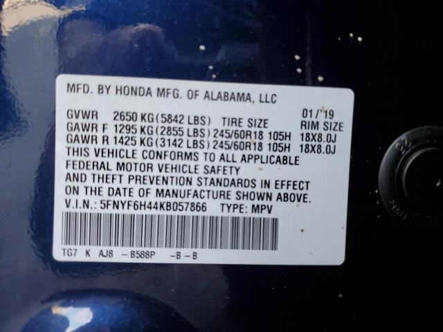 2019 HONDA PILOT EXL 5FNYF6H44KB057866