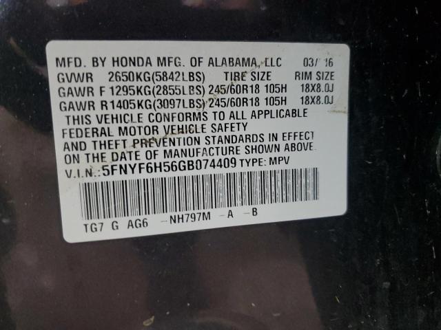 2016 HONDA PILOT EXL 5FNYF6H56GB074409