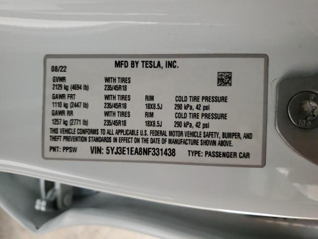 2022 TESLA MODEL 3 5YJ3E1EA8NF331438
