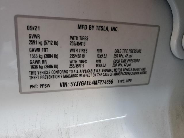 2021 TESLA MODEL Y 5YJYGAEE4MF274656