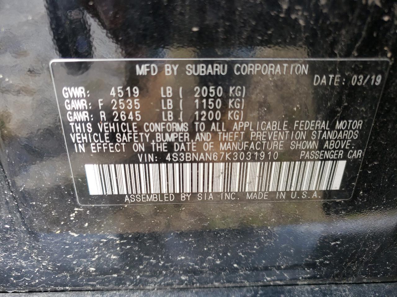 Lot #3240105534 2019 SUBARU LEGACY 2.5