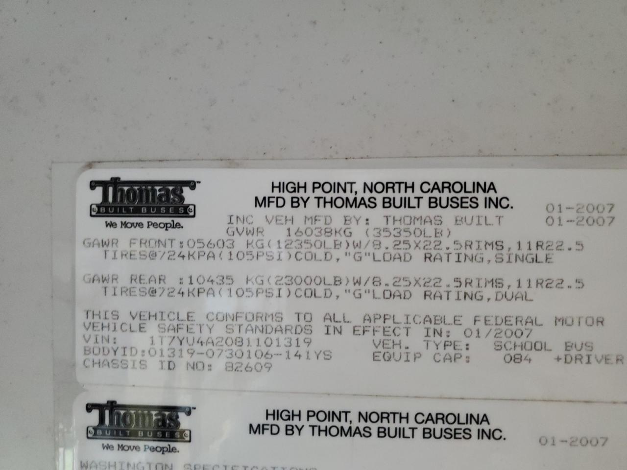 Lot #3256497676 2008 THOMAS SAF-T-LINER HDX