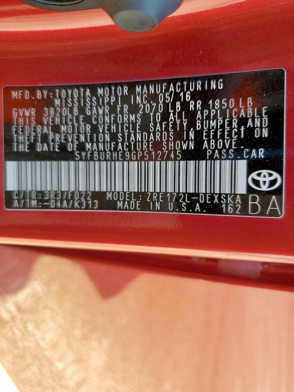 2016 TOYOTA COROLLA L - 5YFBURHE9GP512745