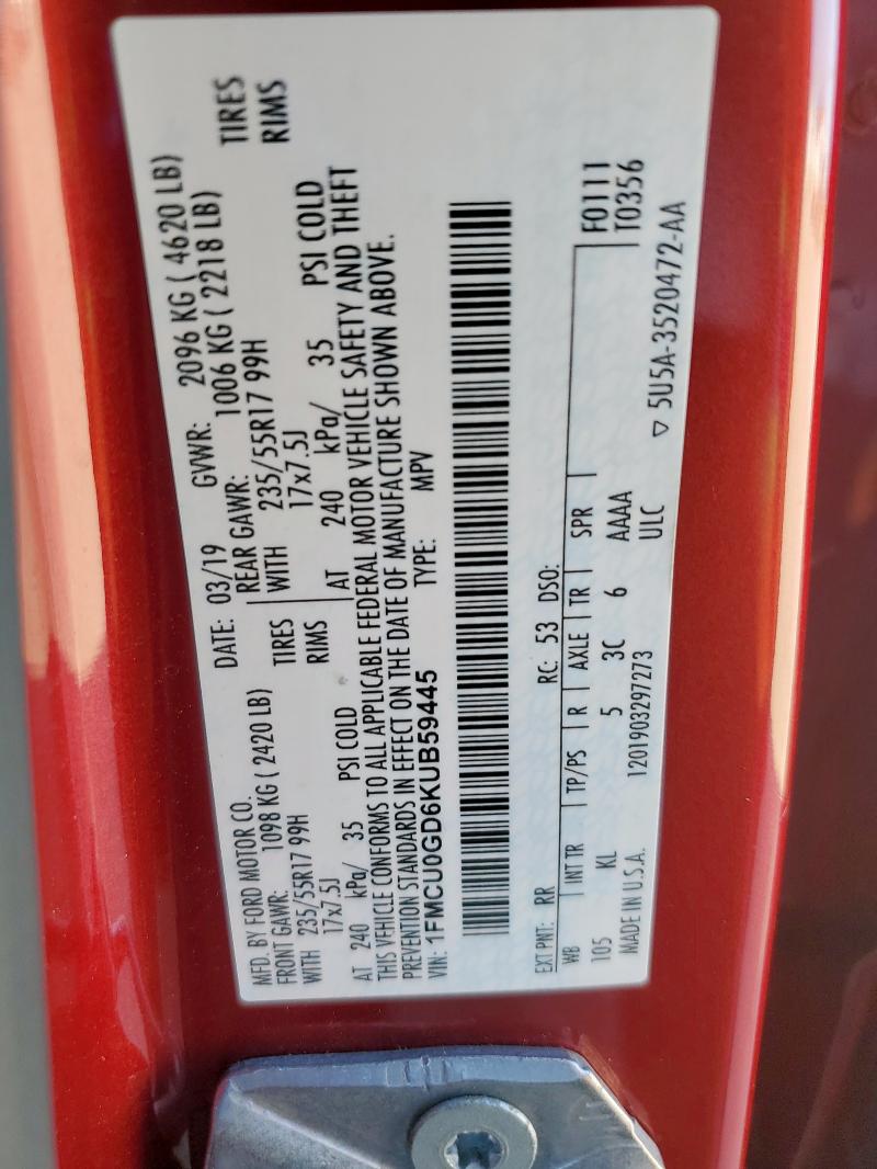2019 FORD ESCAPE SE 1FMCU0GD6KUB59445