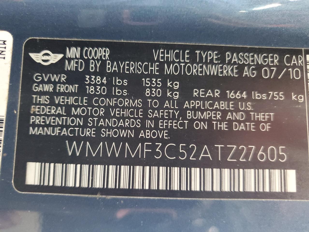 Lot #3240105471 2010 MINI COOPER