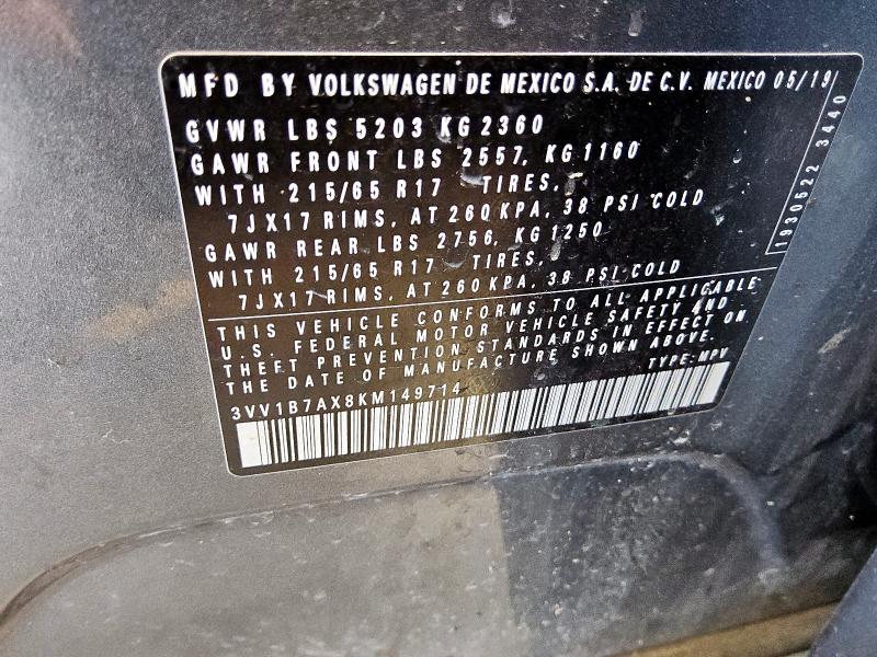 2019 VOLKSWAGEN TIGUAN S 3VV1B7AX8KM149714
