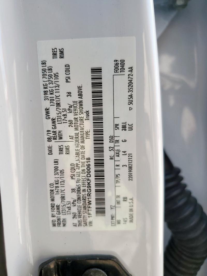 2019 FORD F150 RAPTO 1FTFW1RG9KFD00618