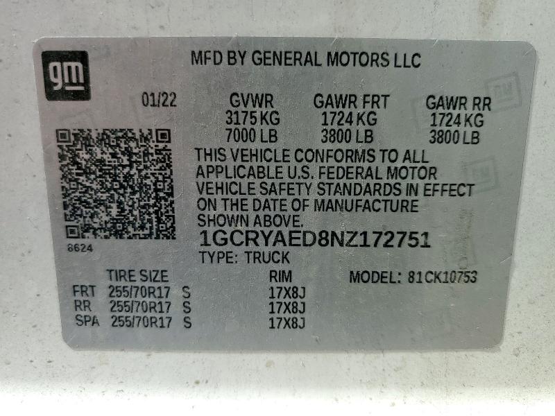 2022 CHEVROLET SILVERADO LTD K1500 1GCRYAED8NZ172751