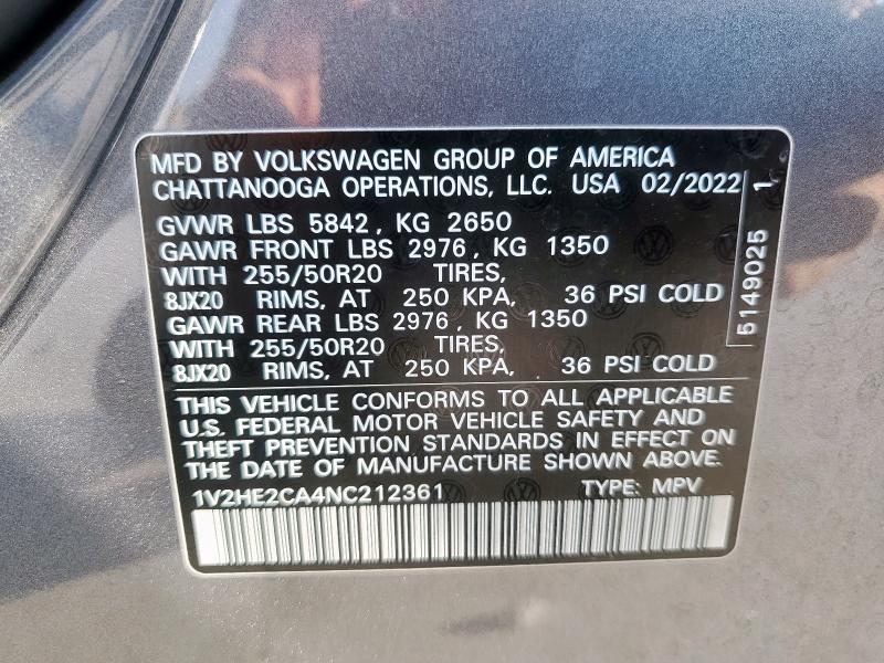2022 VOLKSWAGEN ATLAS CROS 1V2HE2CA4NC212361