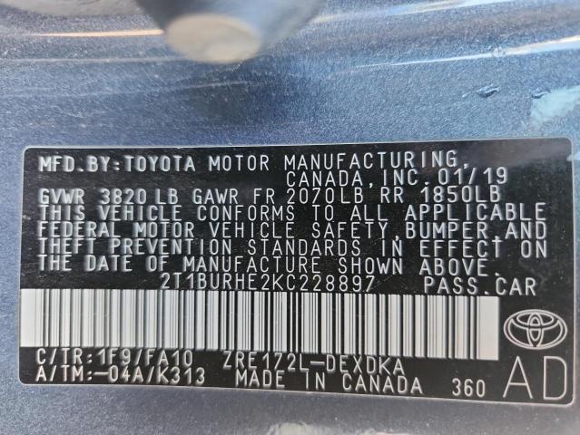 2019 TOYOTA COROLLA L 2T1BURHE2KC228897