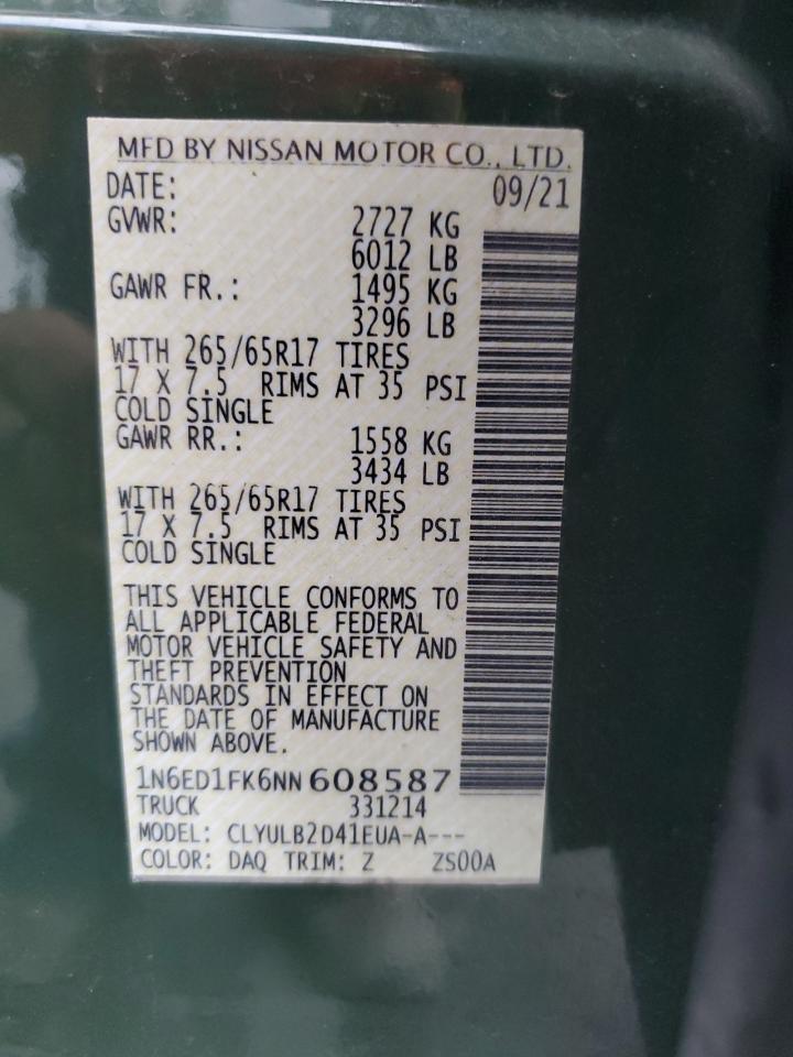 Lot #3319914149 2022 NISSAN FRONTIER SV