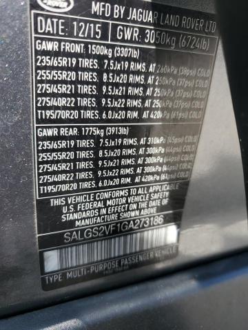 2016 LAND ROVER RANGE ROVE SALGS2VF1GA273186