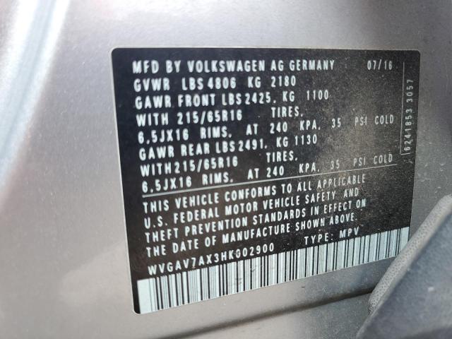2017 VOLKSWAGEN TIGUAN S WVGAV7AX3HK002900