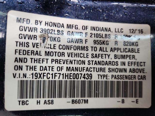 2017 HONDA CIVIC EXL 19XFC1F71HE007439