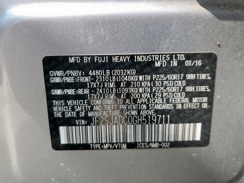 2016 SUBARU FORESTER 2 JF2SJADC0GH519711