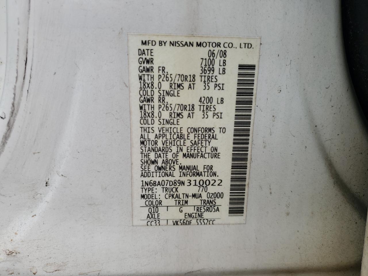 Lot #3276360711 2009 NISSAN TITAN XE