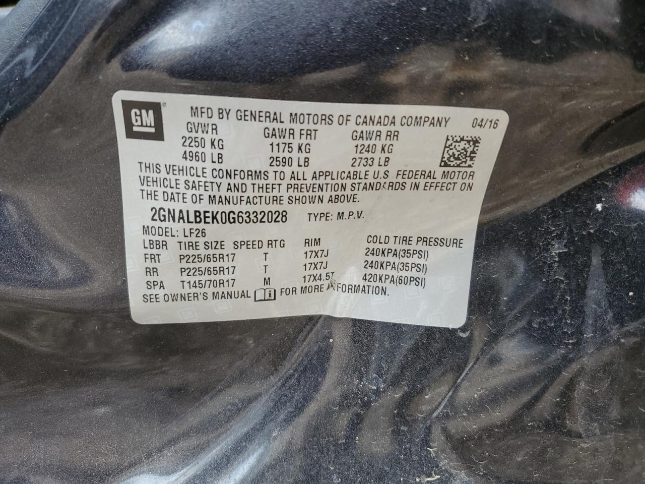 Lot #3301657630 2016 CHEV EQUINOX LS