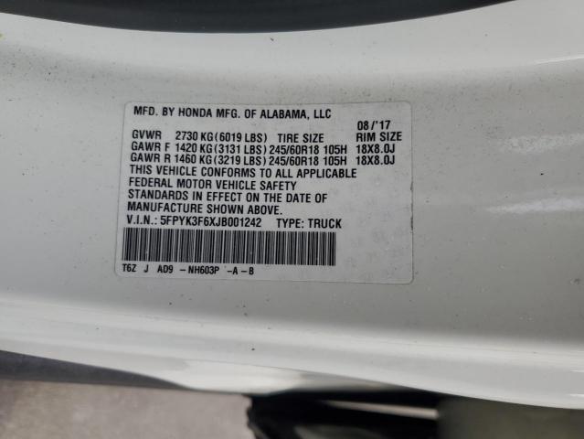 2018 HONDA RIDGELINE RTL 5FPYK3F6XJB001242