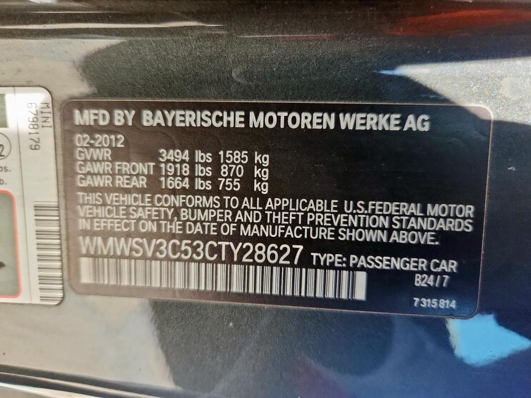 2012 MINI COOPER S - WMWSV3C53CTY28627