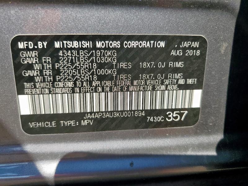 2019 MITSUBISHI OUTLANDER JA4AP3AU3KU001894