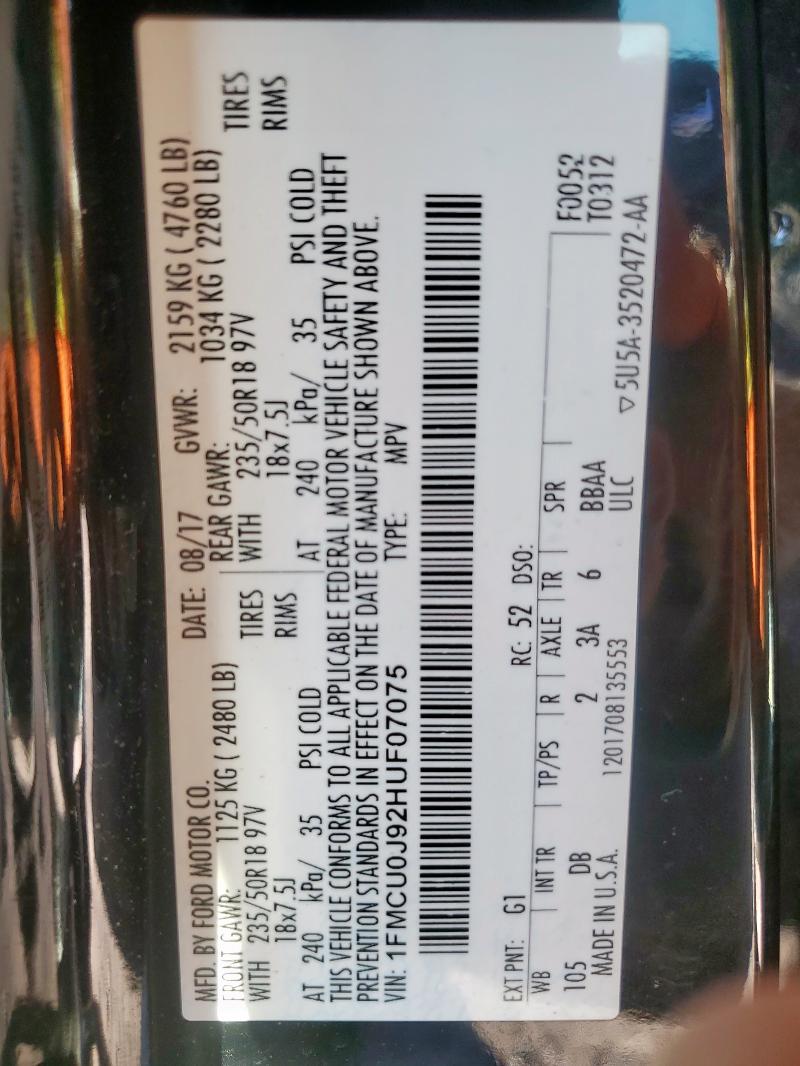 2017 FORD ESCAPE TIT - 1FMCU0J92HUF07075