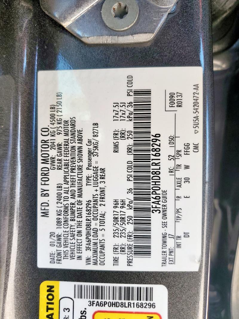 2020 FORD FUSION SE 3FA6P0HD8LR168296